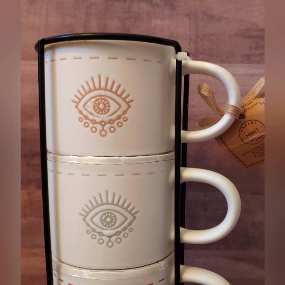 SALE! NWT Boho Evil Eye Set Stackable Coffee Mugs/Tea Cups Metal Organizer Stand - Picture 3 of 16